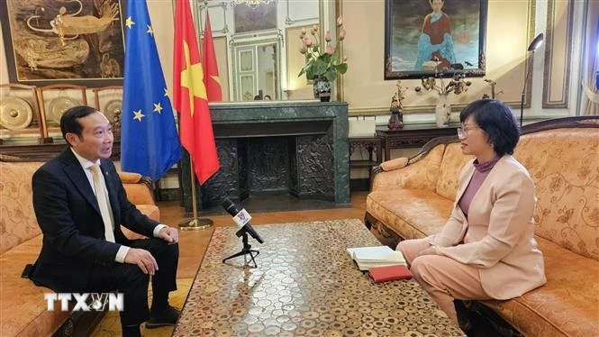 Ông Nguyễn Văn Thảo, Đại sứ Việt Nam tại Vương quốc Bỉ, kiêm nhiệm Đại công quốc Luxembourg, Trưởng Phái đoàn Việt Nam bên cạnh Liên minh châu Âu (EU) đã trả lời phỏng vấn phóng viên TTXVN tại Bỉ. (Ảnh: Duy Tùng/TTXVN)