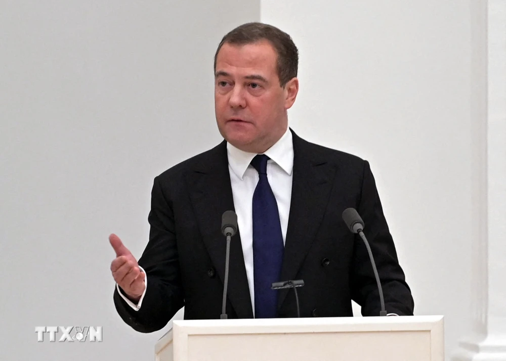 Phó Chủ tịch Hội đồng An ninh Liên bang Nga Dmitry Medvedev phát biểu tại một cuộc họp ở Moskva. (Ảnh: AFP/TTXVN)