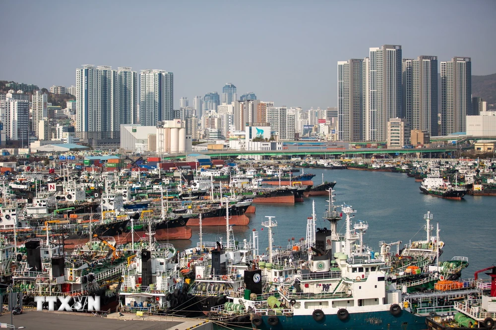 Cảng hàng hóa ở Busan, Hàn Quốc. (Ảnh: THX/TTXVN)