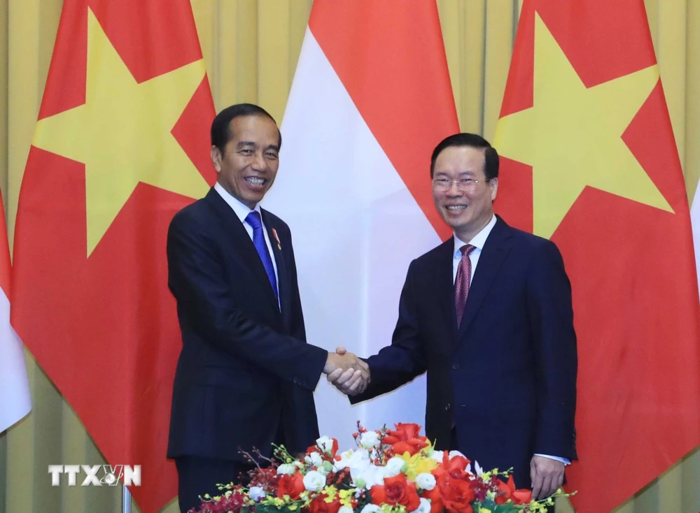 Chủ tịch nước Võ Văn Thưởng với Tổng thống Cộng hòa Indonesia Joko Widodo tại buổi hội đàm. (Ảnh: Thống Nhất/TTXVN)