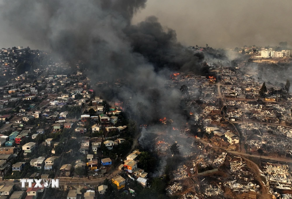 Khói bốc lên ngùn ngụt trong đám cháy rừng tại Viña del Mar, Chile, ngày 3/2/2024. (Ảnh: AFP/TTXVN)