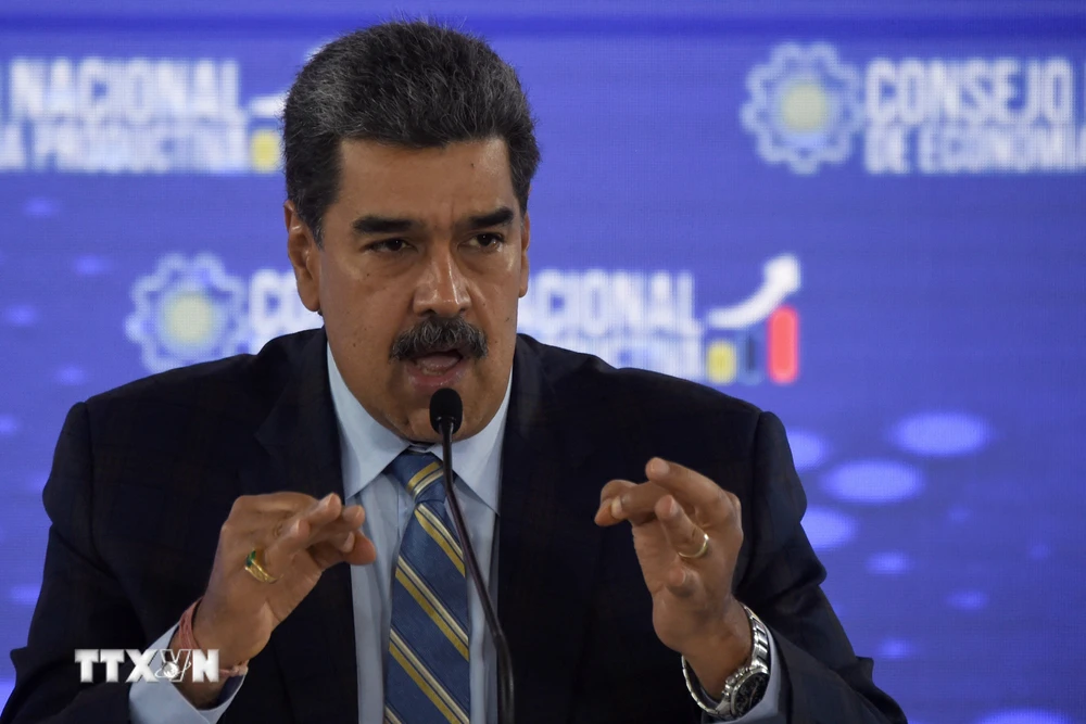 Tổng thống Venezuela Nicolas Maduro phát biểu tại một cuộc họp ở Caracas, ngày 21/9/2023. (Ảnh: AFP/TTXVN)