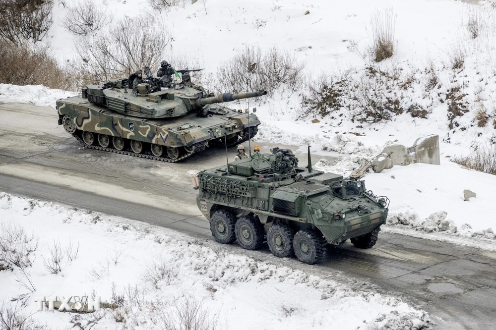Xe tăng Stryker và K1A2 tham gia cuộc tập trận bắn đạn thật ở thành phố Pocheon, gần biên giới với Triều Tiên ngày 4/1/2024. (Ảnh: YONHAP/TTXVN)
