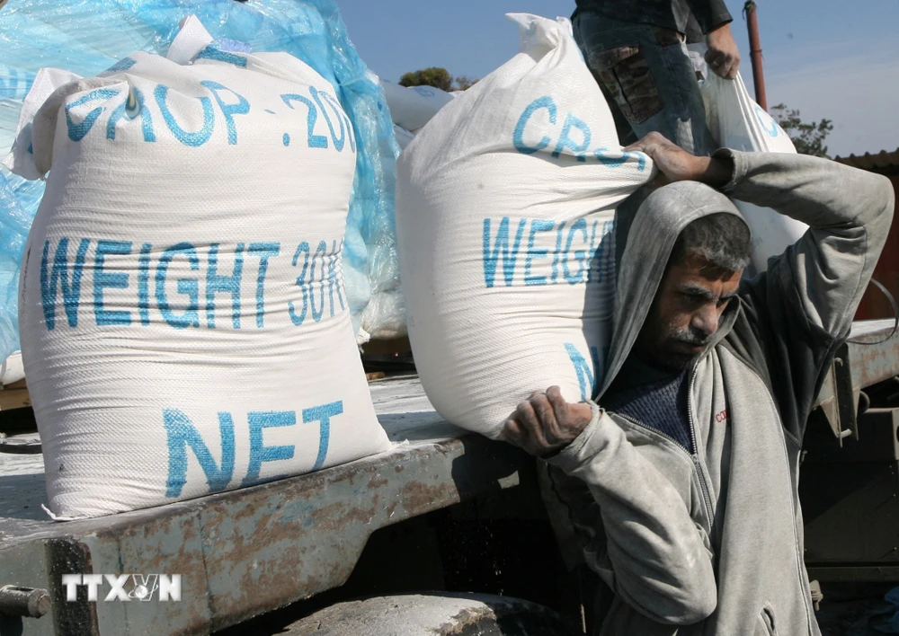 Người dân Palestine nhận lương thực viện trợ từ Cơ quan cứu trợ người tị nạn Palestine của Liên hợp quốc (UNRWA) tại một trại tị nạn ở Rafah, Dải Gaza. (Ảnh: AFP/TTXVN)