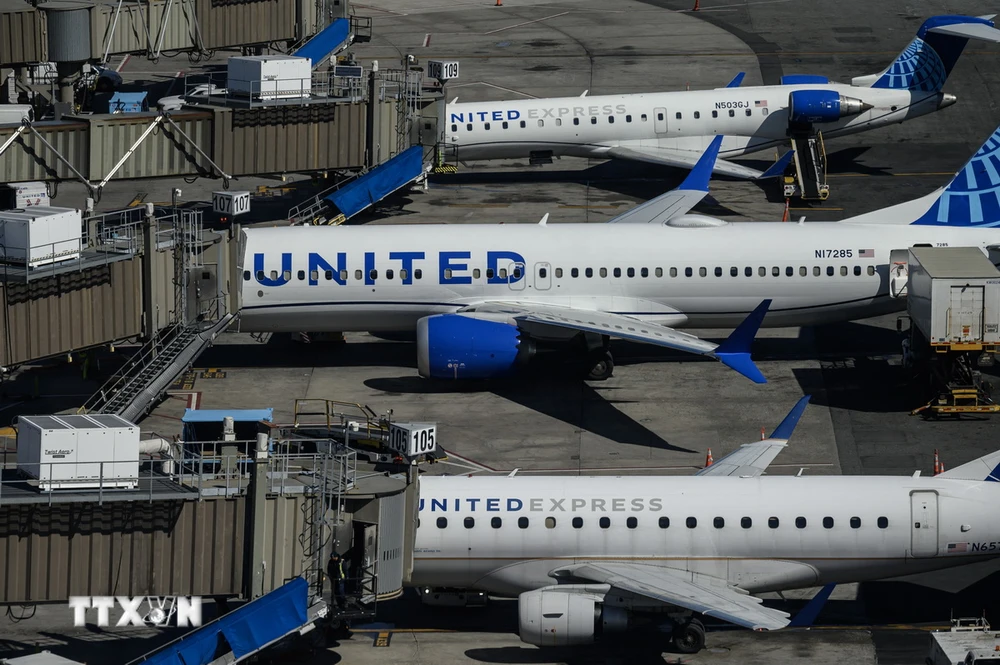 Máy bay của hãng hàng không United Airlines tại sân bay quốc tế Newark Liberty ở New Jersey, Mỹ. (Ảnh: AFP/TTXVN)
