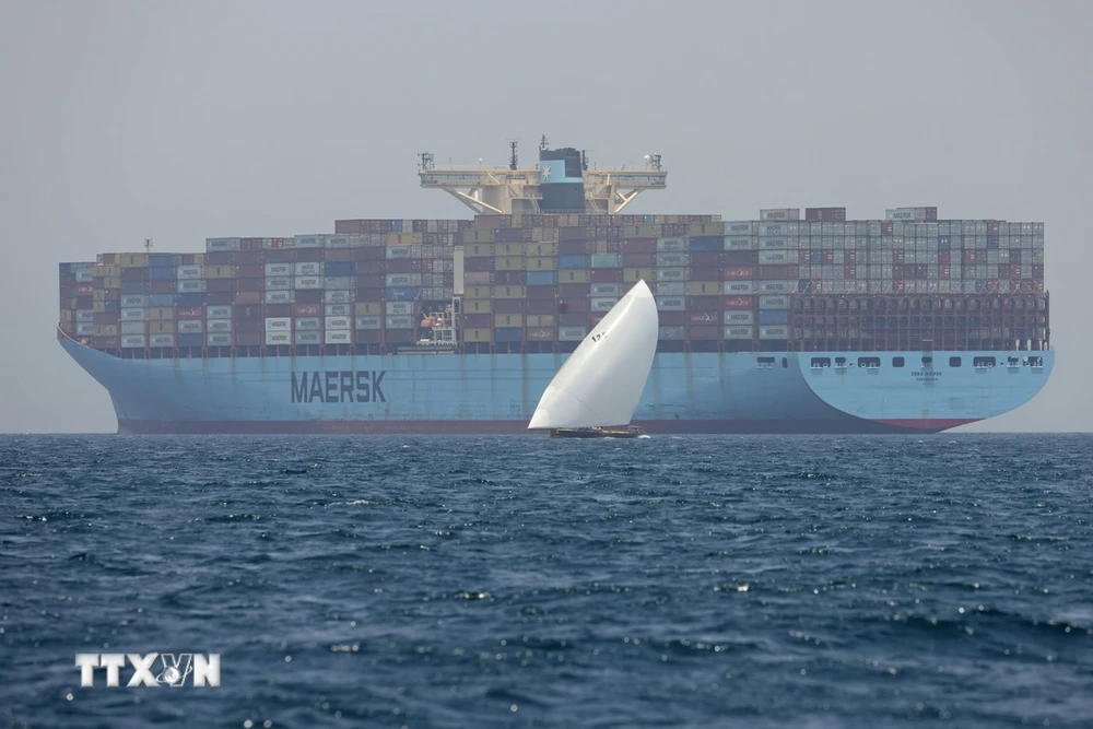 Tàu container của hãng Maersk di chuyển gần đảo Sir Abu Nuair hướng tới Dubai, Các Tiểu vương quốc Arab thống nhất. (Ảnh: AFP/TTXVN)