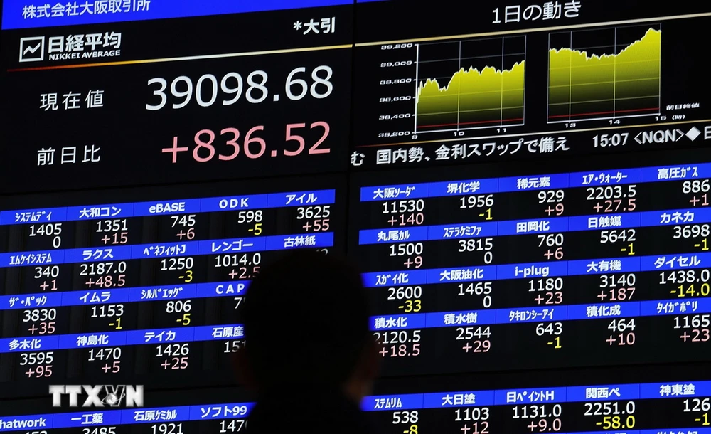 Bảng điện tử hiện thỉ chỉ số chứng khoán Nikkei 225 tại Osaka, Nhật Bản, ngày 22/2/2024. (Ảnh minh họa: Kyodo/TTXVN)