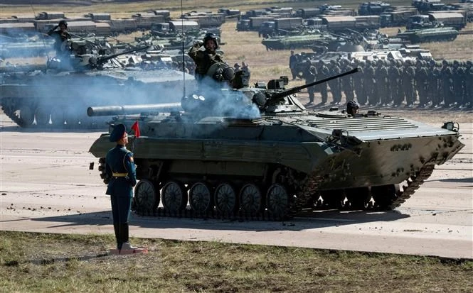 Binh sỹ Nga trong cuộc tập trận tại Siberia, Nga. (Ảnh: AFP/TTXVN)