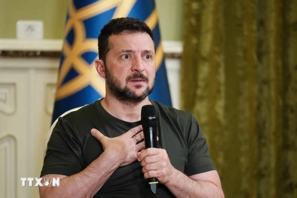 (Tư liệu) Tổng thống Ukraine Volodymyr Zelensky phát biểu họp báo tại Kiev ngày 15/7/2024. Ảnh: Getty Images/TTXVN