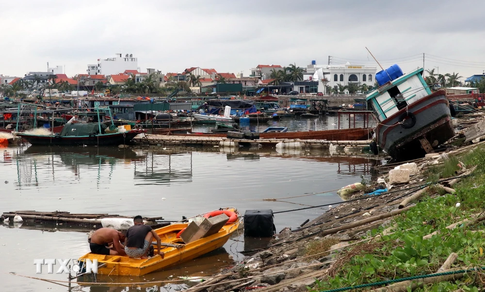 Tàu, lồng bè nuôi của người dân xã Tân An, thị xã Quảng Yên bị hư hỏng nặng. (Ảnh: Văn Đức/TTXVN)