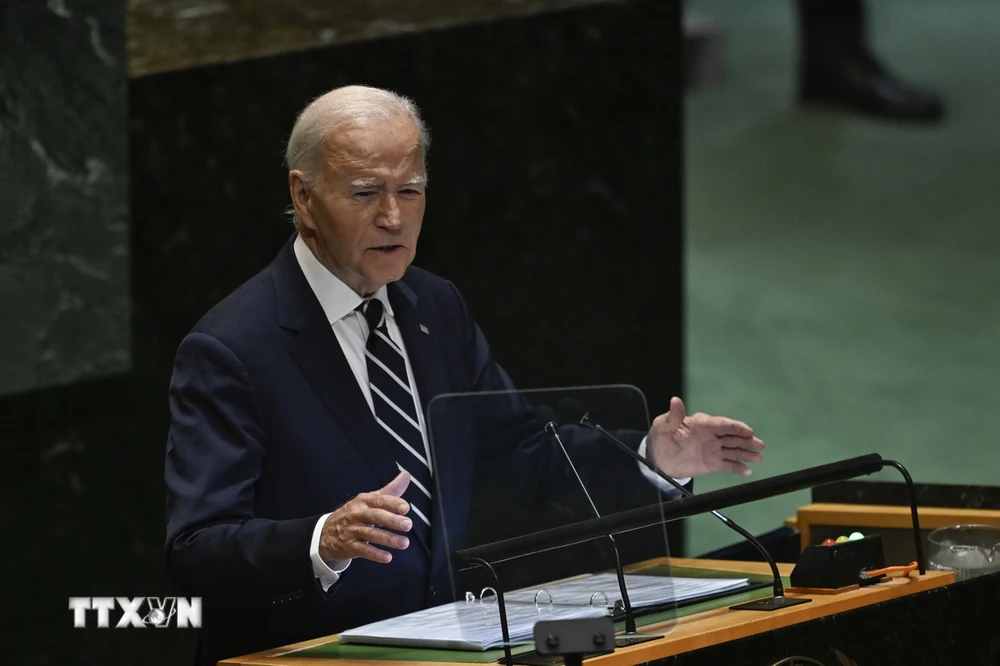 Tổng thống Mỹ Joe Biden phát biểu tại Khóa họp lần thứ 79 Đại Hội đồng Liên hợp quốc ở New York, Mỹ ngày 24/9/2024. (Ảnh: Anadolu Agency/TTXVN)