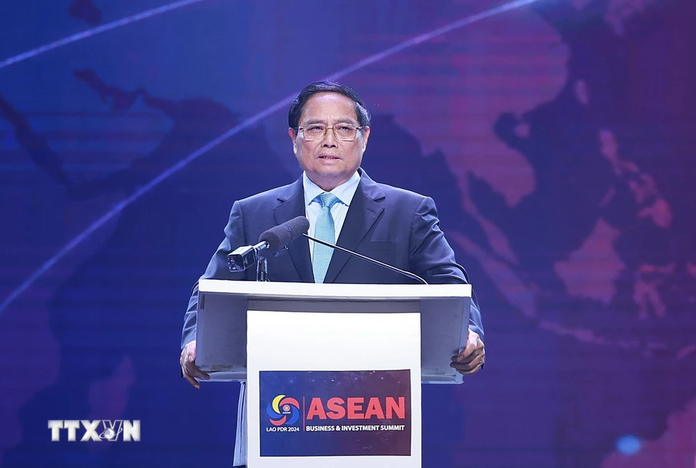 Thủ tướng Phạm Minh Chính phát biểu tại Hội nghị Thượng đỉnh Kinh doanh và Đầu tư ASEAN 2024. (Ảnh: Dương Giang/TTXVN)