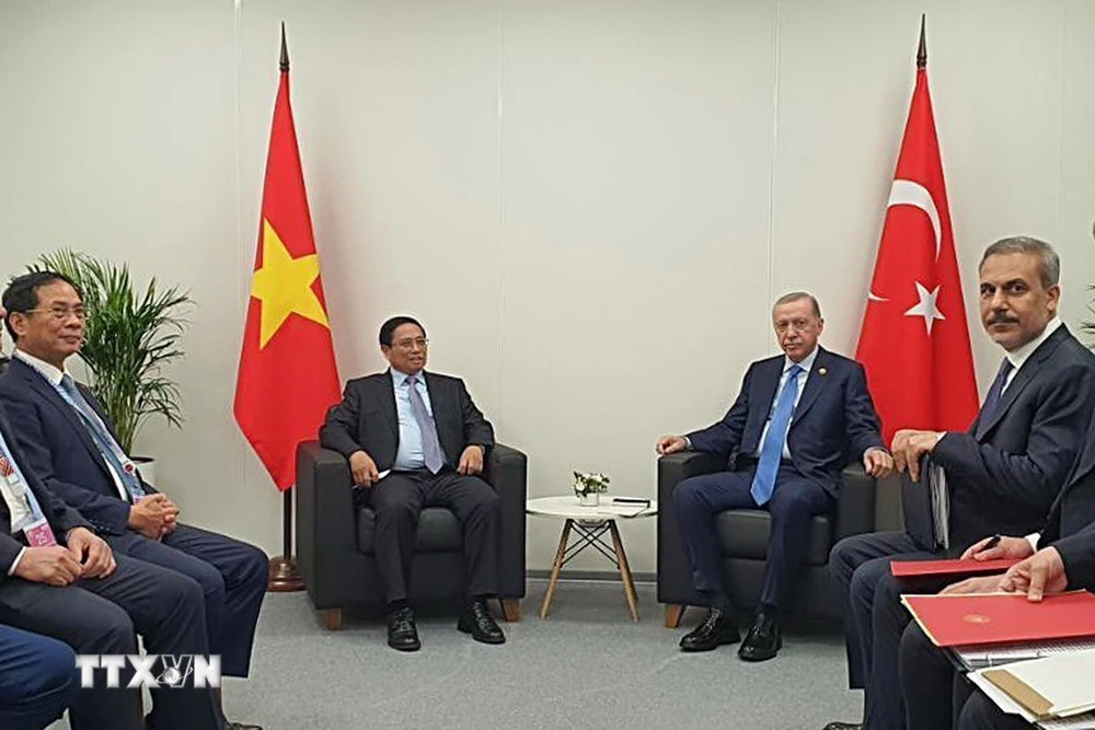 Thủ tướng Phạm Minh Ch&iacute;nh gặp Tổng thống Thổ Nhĩ Kỳ Recep Tayyip Erdogan. (Ảnh: TTXVN)