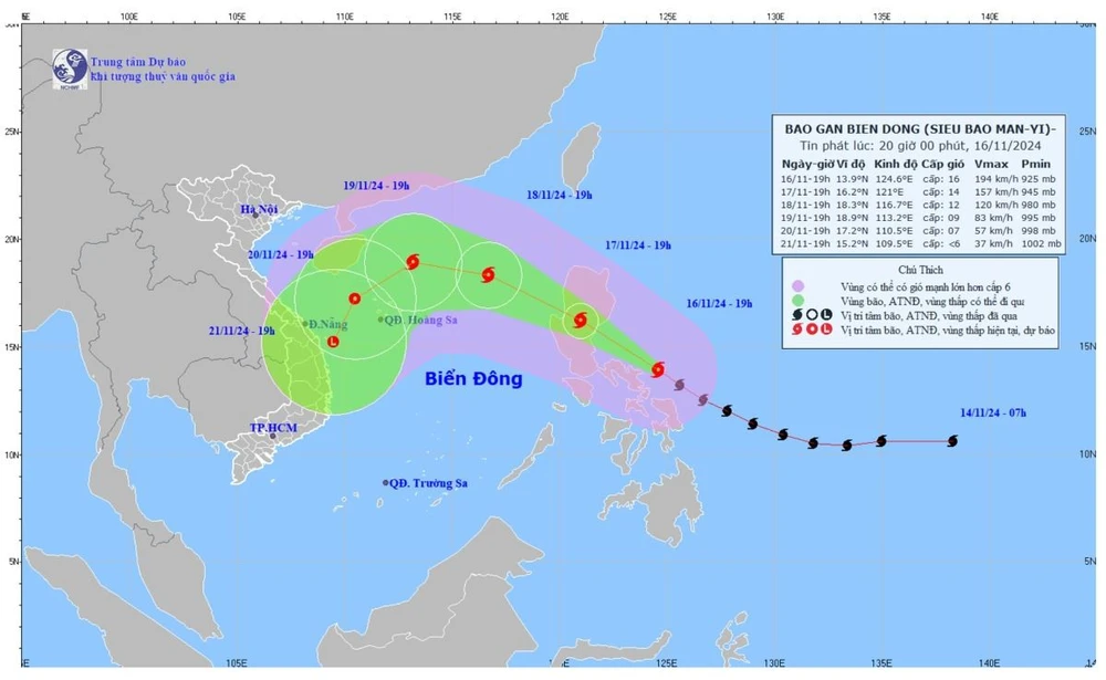 Vị trí và đường đi của bão. (Nguồn: Trung tâm Dự báo Khí tượng Thủy văn Quốc gia)