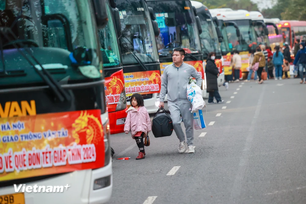Rạng sáng 7/2 tại Khu công nghiệp Thăng Long (Đông Anh, Hà Nội), 25 chuyến xe ôtô miễn phí đã sẵn sàng đưa công nhân lao động về quê đón Tết Nguyên đán Giáp Thìn 2024. (Ảnh: Minh Sơn/Vietnam+) 
