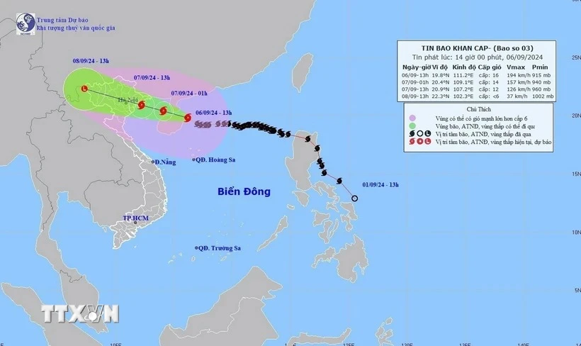 Bản đồ đường đi của bão số 3 lúc 13 giờ ngày 6/9/2024. (Ảnh: TTXVN phát)