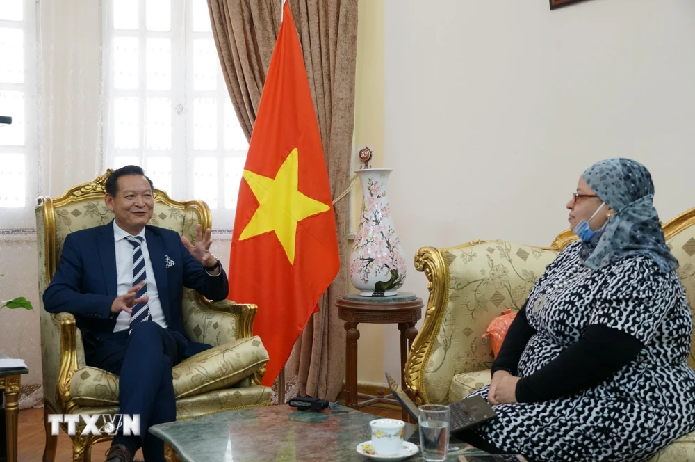 Đại sứ Trần Thành Công trả lời phỏng vấn nhà báo Raunaa Al-Masry của kênh truyền hình Nile Cultural. (Ảnh: Anh Tuấn/TTXVN)