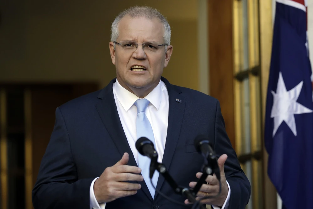 Thủ tướng Australia Scott Morrison phát biểu tại cuộc họp báo ở Canberra. (Ảnh: AFP/TTXVN)