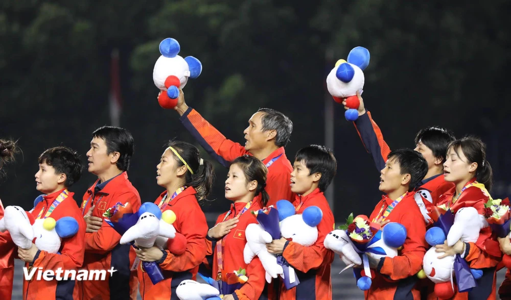 Đội tuyển nữ Việt Nam quyết tâm bảo vệ tấm huy chương vàng ở SEA Games 31. (Ảnh: PV/Vietnam+) 