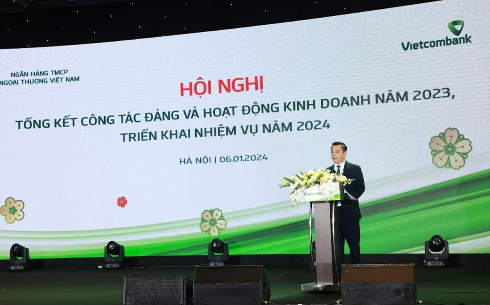 Ông Nguyễn Thanh Tùng, Tổng Giám đốc Vietcombank phát biểu tại hội nghị. (Ảnh: PV/Vietnam+)