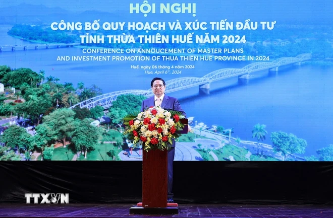 Thủ tướng Phạm Minh Chính phát biểu tại Hội nghị công bố Quy hoạch tỉnh Thừa Thiên-Huế. (Ảnh: Dương Giang/TTXVN)