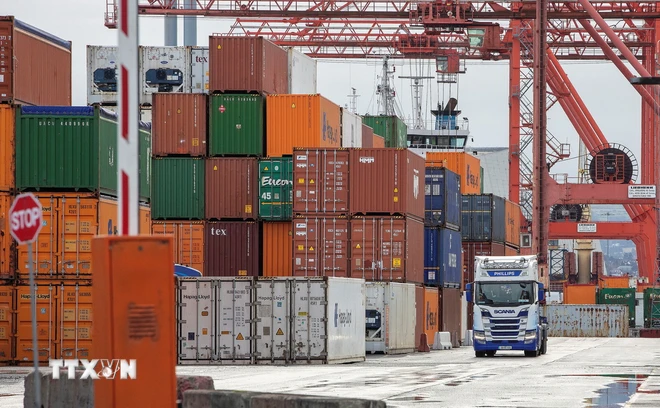 Hoạt động bốc dỡ container hàng hóa tại cảng ở Dublin, Ireland ngày 12/1/2021. (Ảnh: AFP/TTXVN)