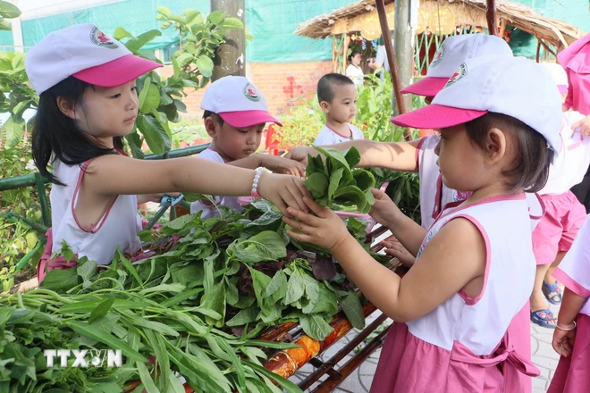 Trẻ em Trường Mầm non Hoa Sen, phường 2, thành phố Vĩnh Long, tỉnh Vĩnh Long, tham gia phiên chợ quê. (Ảnh: Lê Thúy Hằng/TTXVN)