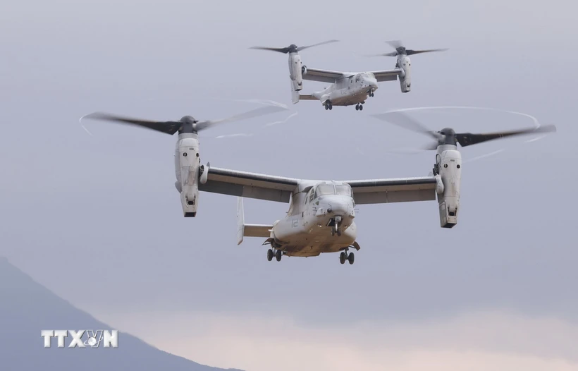 Máy bay MV-22 Osprey của Mỹ tham gia cuộc tập trận chung với Lực lượng Phòng vệ Mặt đất của Nhật Bản tại tỉnh Oita, Tây Nam Nhật Bản ngày 18/2/2023. (Ảnh: Kyodo/TTXVN)