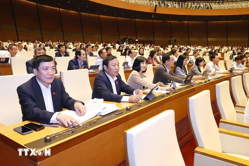 Đoàn đại biểu Quốc hội tỉnh Hải Dương biểu quyết thông qua Luật Căn cước. (Ảnh: Doãn Tấn/TTXVN)

