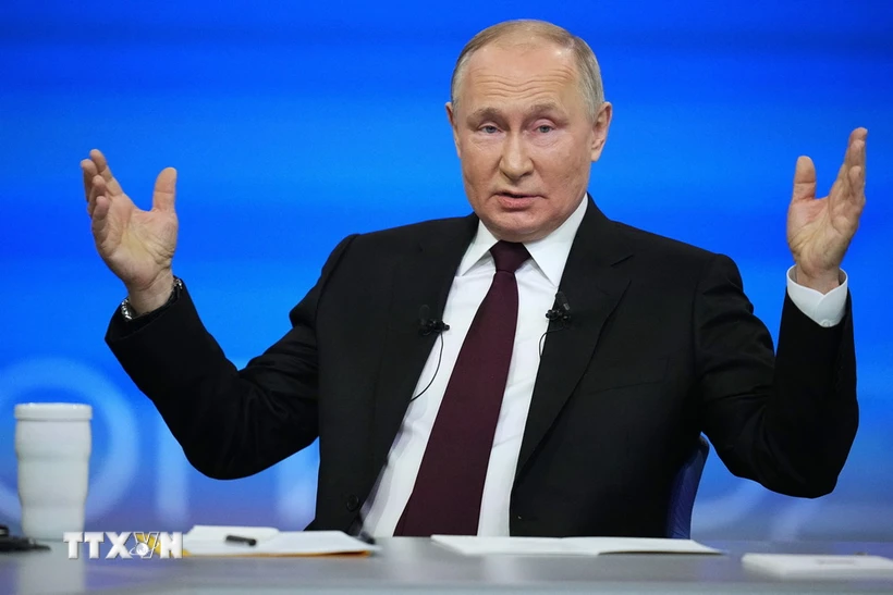 Tổng thống Nga Vladimir Putin phát biểu tại cuộc họp báo cuối năm ở Moskva ngày 14/12/2023. (Ảnh: AFP/TTXVN)