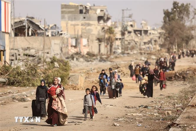 Người dân Palestine sơ tán tránh xung đột xuống vùng ngoại ô phía Nam thành phố Gaza. Ảnh: AFP/TTXVN