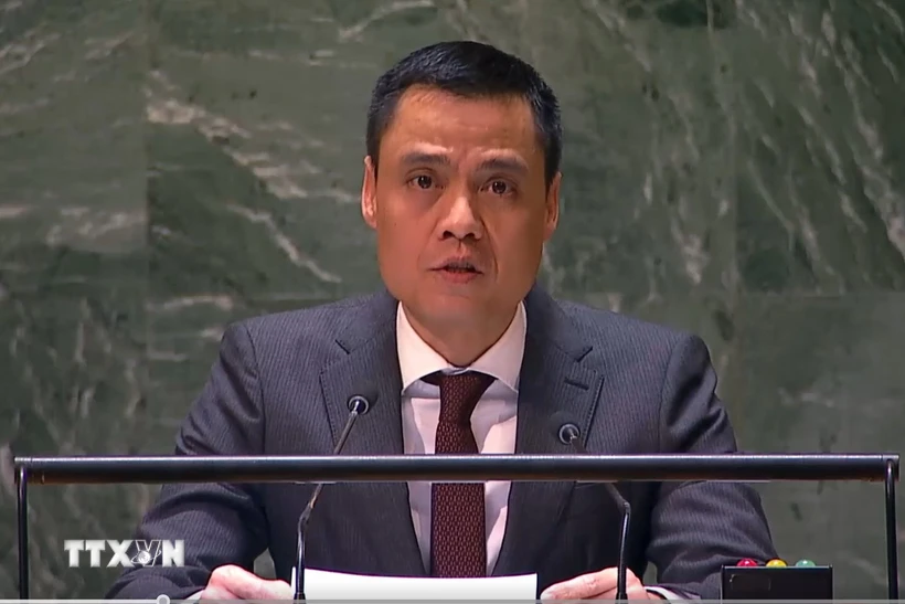 Đại sứ Đặng Hoàng Giang, Trưởng Phái đoàn thường trực Việt Nam tại Liên hợp quốc, phát biểu tại phiên thảo luận. (Ảnh: TTXVN phát)
