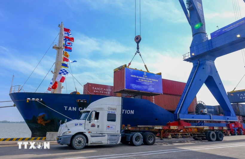 Bốc dỡ container lên tàu Tan Cang Foundation, quận Cái Răng, thành phố Cần Thơ. (Ảnh: Thanh Liêm/TTXVN)