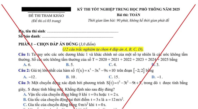 Thông tin giả về đề thi tham khảo Kỳ thi Tốt nghiệp Trung học phông năm 2025 đang lan truyền trên mạng. (Ảnh: Bộ GD-ĐT)