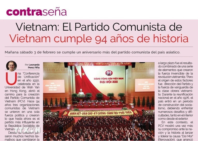 Bài viết đăng trên báo in ra ngày 3/2 của Tập đoàn truyền thông Uruguay Grupo Multimedio, ca ngợi Đảng Cộng sản Việt Nam nhân dịp 94 năm ngày thành lập. (Ảnh: Diệu Hương/TTXVN)