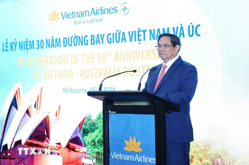 Thủ tướng Phạm Minh Chính phát biểu tại Lễ kỷ niệm 30 năm mở đường bay Việt Nam-Australia của Vietnam Airlines. (Ảnh: Dương Giang/TTXVN)