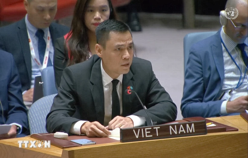 Đại sứ Đặng Hoàng Giang, Trưởng Phái đoàn thường trực Việt Nam tại Liên hợp quốc, phát biểu. (Ảnh: TTXVN phát)