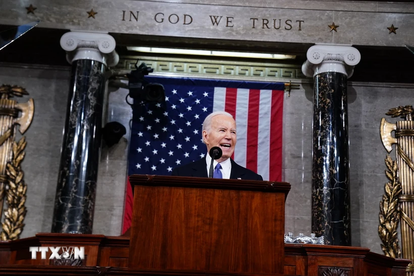 Tổng thống Mỹ Joe Biden trình bày Thông điệp liên bang trước Quốc hội lưỡng viện, ngày 7/3/2024. (Ảnh: AFP/TTXVN)

