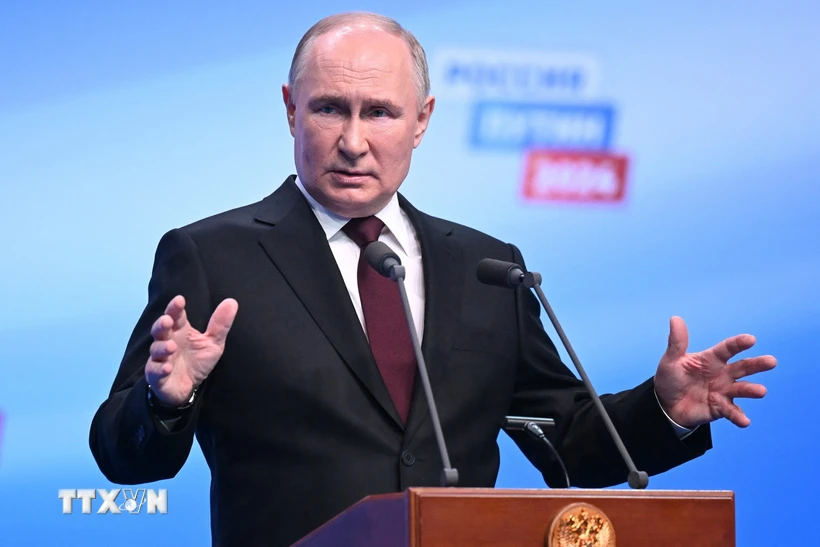 Tổng thống Nga Vladimir Putin trong cuộc họp báo tại Moskva sau khi kết quả bầu cử được công bố, ngày 18/3/2024. (Ảnh: AFP/TTXVN)
