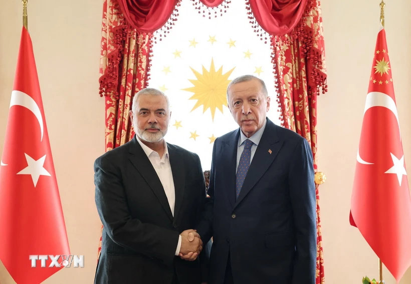 Tổng thống Thổ Nhĩ Kỳ Recep Tayyip Erdogan (phải) và thủ lĩnh Phong trào Hồi giáo Hamas Ismail Haniyeh tại cuộc gặp ở Istanbul, Thổ Nhĩ Kỳ, ngày 20/4/2024. Ảnh: AFP/TTXVN