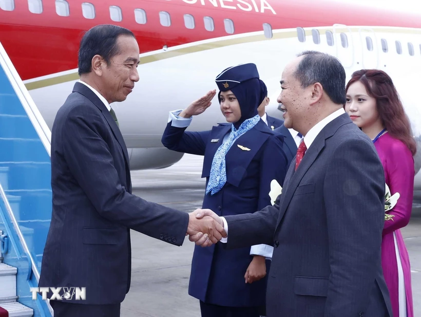 Chủ nhiệm Văn phòng Chủ tịch nước Lê Khánh Hải đón Tổng thống Indonesia Joko Widodo tại sân bay quốc tế Nội. (Ảnh: An Đăng/TTXVN)
