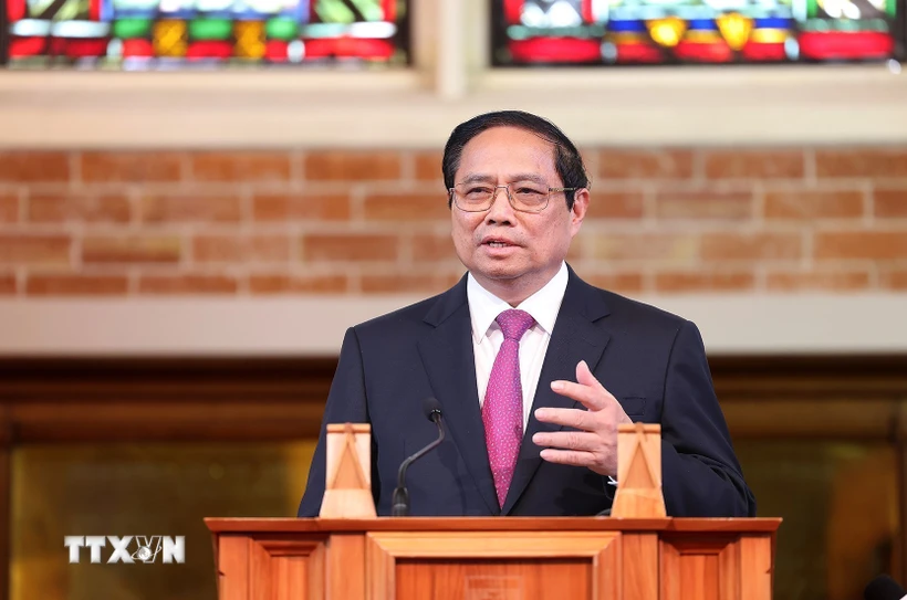 Thủ tướng Phạm Minh Chính phát biểu về chính sách của Việt Nam tại Đại học Victoria, New Zealand. (Ảnh: Dương Giang/TTXVN)