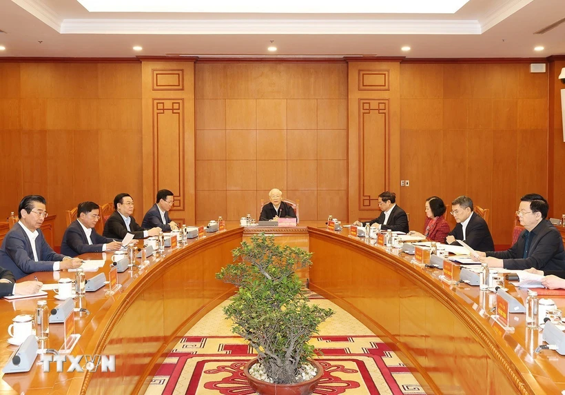 Tổng Bí thư Nguyễn Phú Trọng phát biểu kết luận phiên họp Tiểu ban Nhân sự Đại hội XIV của Đảng. (Ảnh: Trí Dũng/TTXVN)
