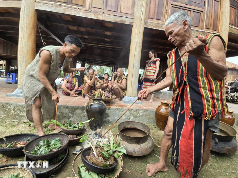 Thầy cúng và già làng người Brâu làm lễ cúng Trỉa lúa. (Ảnh: Khoa Chương/TTXVN)