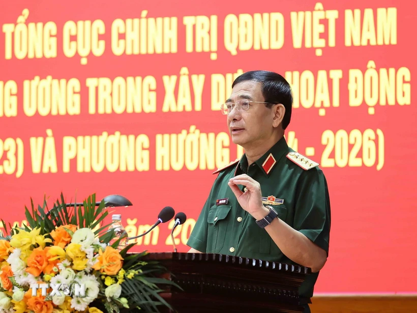 Đại tướng Phan Văn Giang, Ủy viên Bộ Chính trị, Phó Bí thư Quân ủy Trung ương, Bộ trưởng Bộ Quốc phòng phát biểu. (Ảnh: An Đăng/TTXVN)