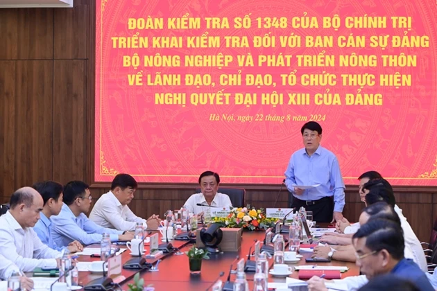 Đoàn kiểm tra số 1348 của Bộ Chính trị làm việc với Ban Cán sự Đảng Bộ Nông nghiệp và Phát triển nông thôn về công tác lãnh đạo, chỉ đạo, tổ chức thực hiện Nghị quyết Đại hội XIII của Đảng. (Nguồn: Thanh tra)