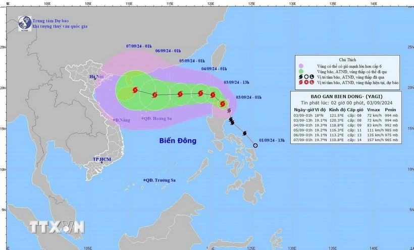 Hướng di chuyển của bão số 3. (Ảnh: TTXVN phát)