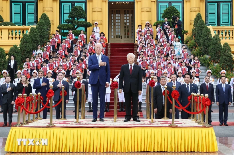 Tổng Bí thư Nguyễn Phú Trọng chủ trì Lễ đón chính thức Tổng thống Hoa Kỳ Joe Biden thăm cấp Nhà nước tới Việt Nam từ ngày 10-11/9/2023. (Ảnh: Trí Dũng/TTXVN)
