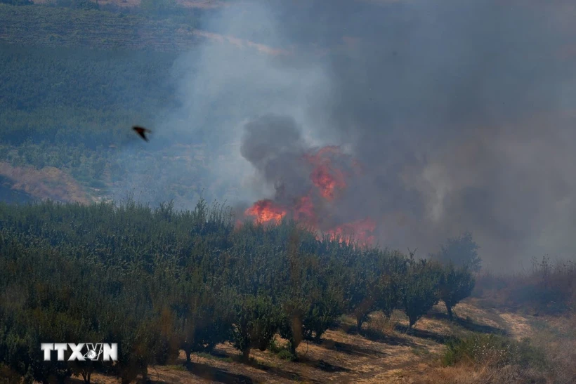 Khói lửa bốc lên sau cuộc tấn công của lực lượng Hezbollah tại Liban xuống miền Bắc Israel. Ảnh: THX/TTXVN