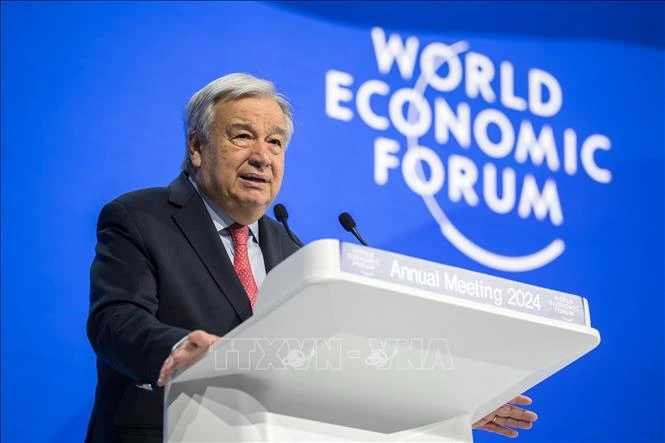 Tổng thư ký LHQ Antonio Guterres phát biểu tại hội nghị thường niên của Diễn đàn kinh tế thế giới (WEF) ở Davos, Thụy Sĩ ngày 17/1/2024. (Ảnh: AFP/TTXVN)
